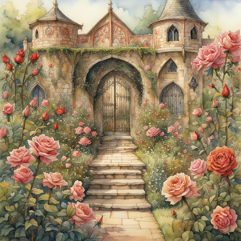 Watercolor Rose Garden and Medieval Castle