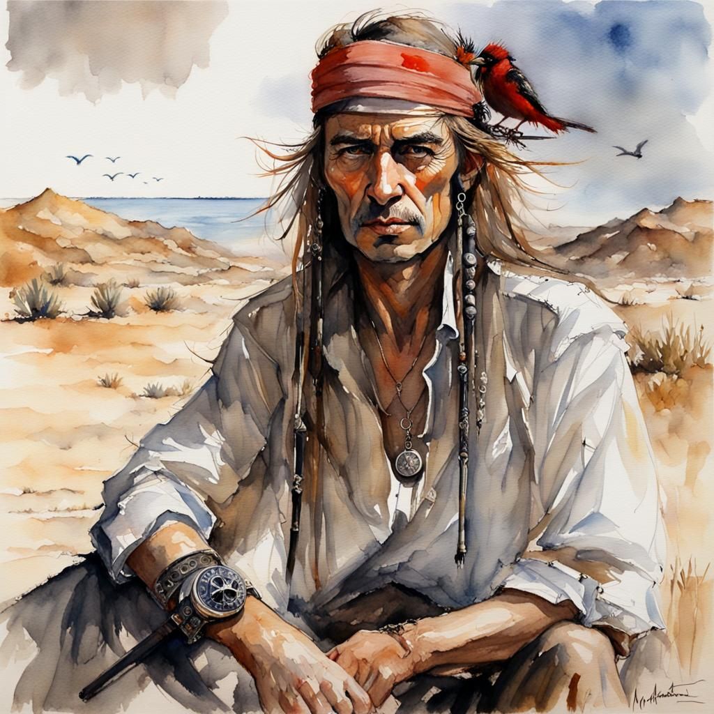 Desert Pirate Portrait with Birds in Watercolor