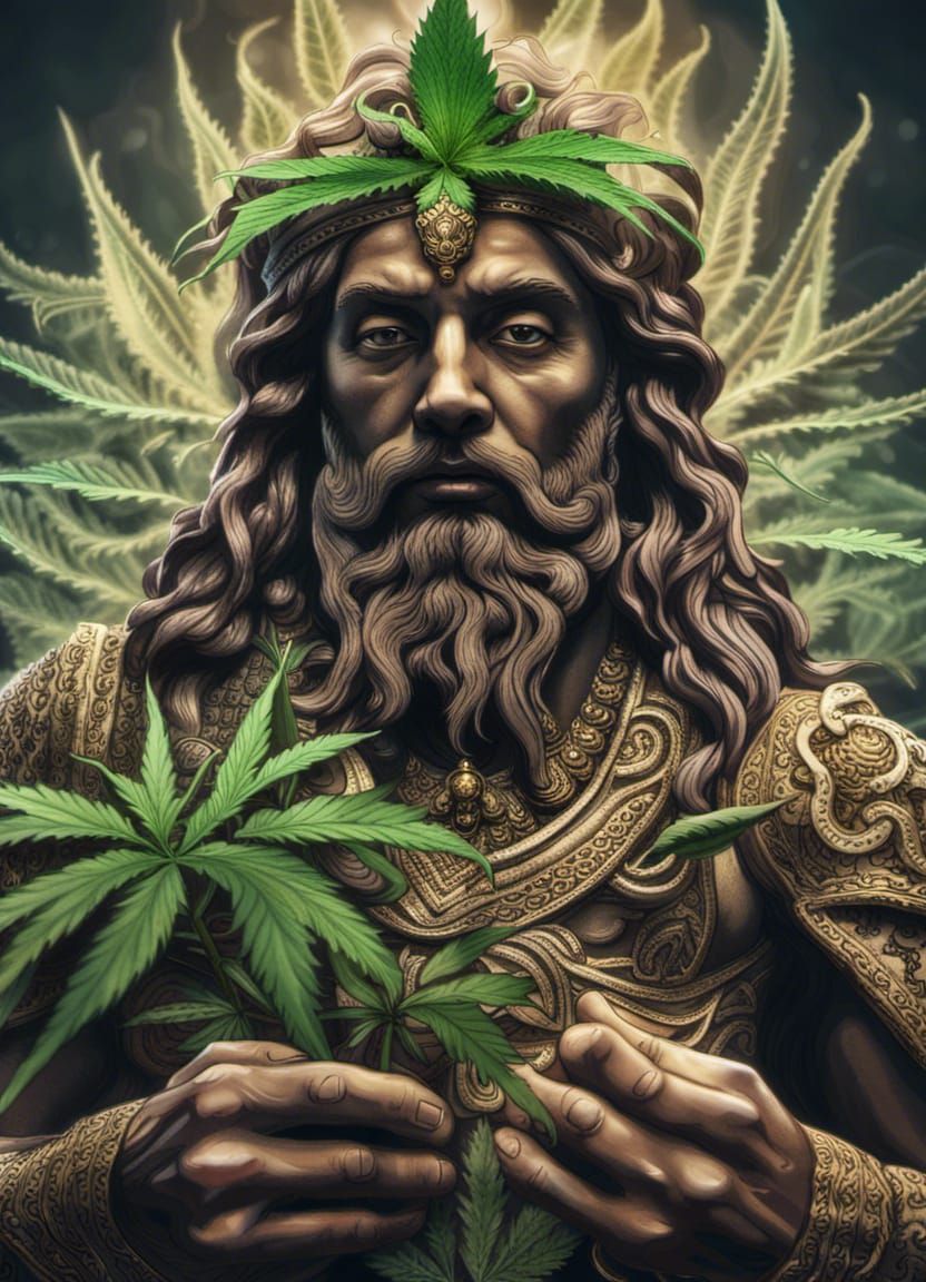 God of Beauty Holding Cannabis Plant in HDR