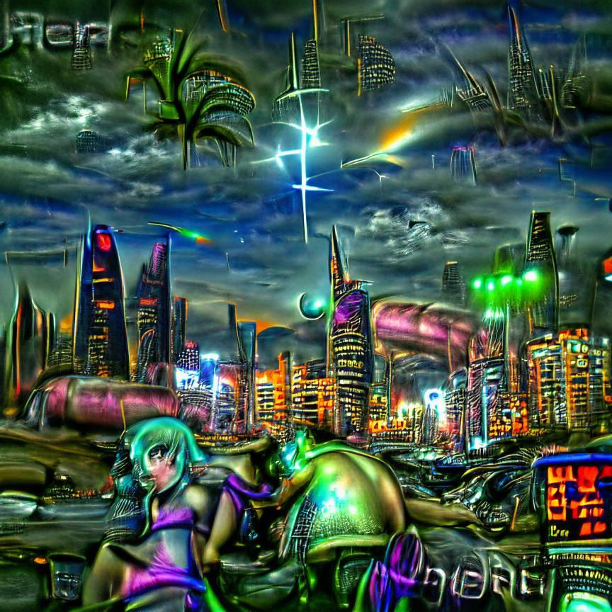 Cyberpunk Cityscape with Neon Lights and Jupiter