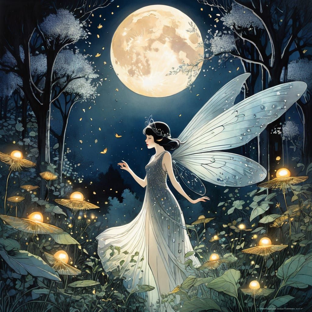 Winged Fairy Queen in Enchanted Night Garden