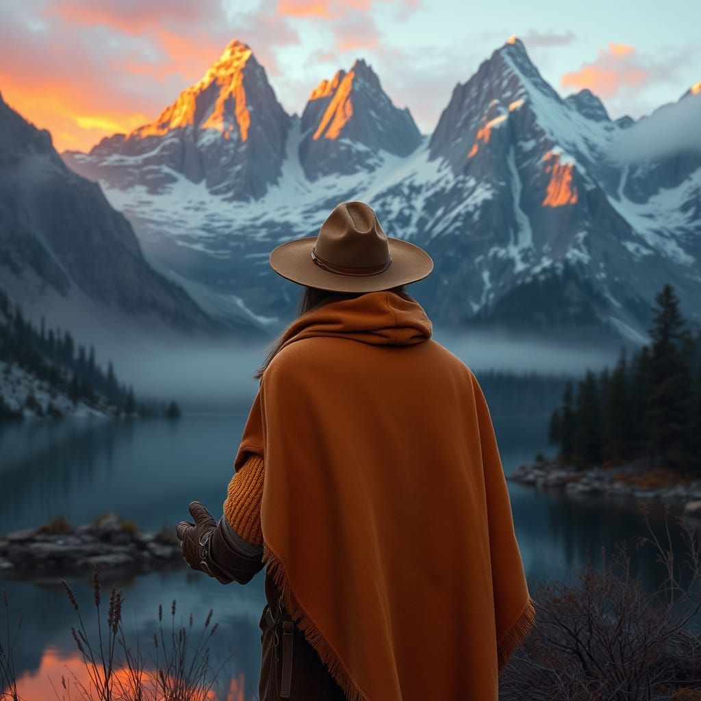 Mystical Explorer in Twilight Mountain Landscape