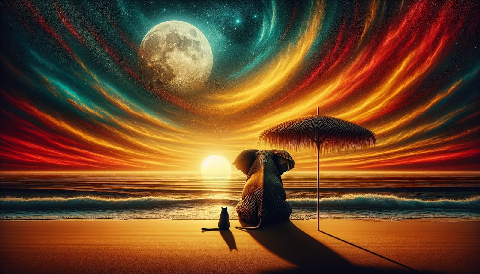 Surreal Sunset Beach Scene with Elephant and Cat