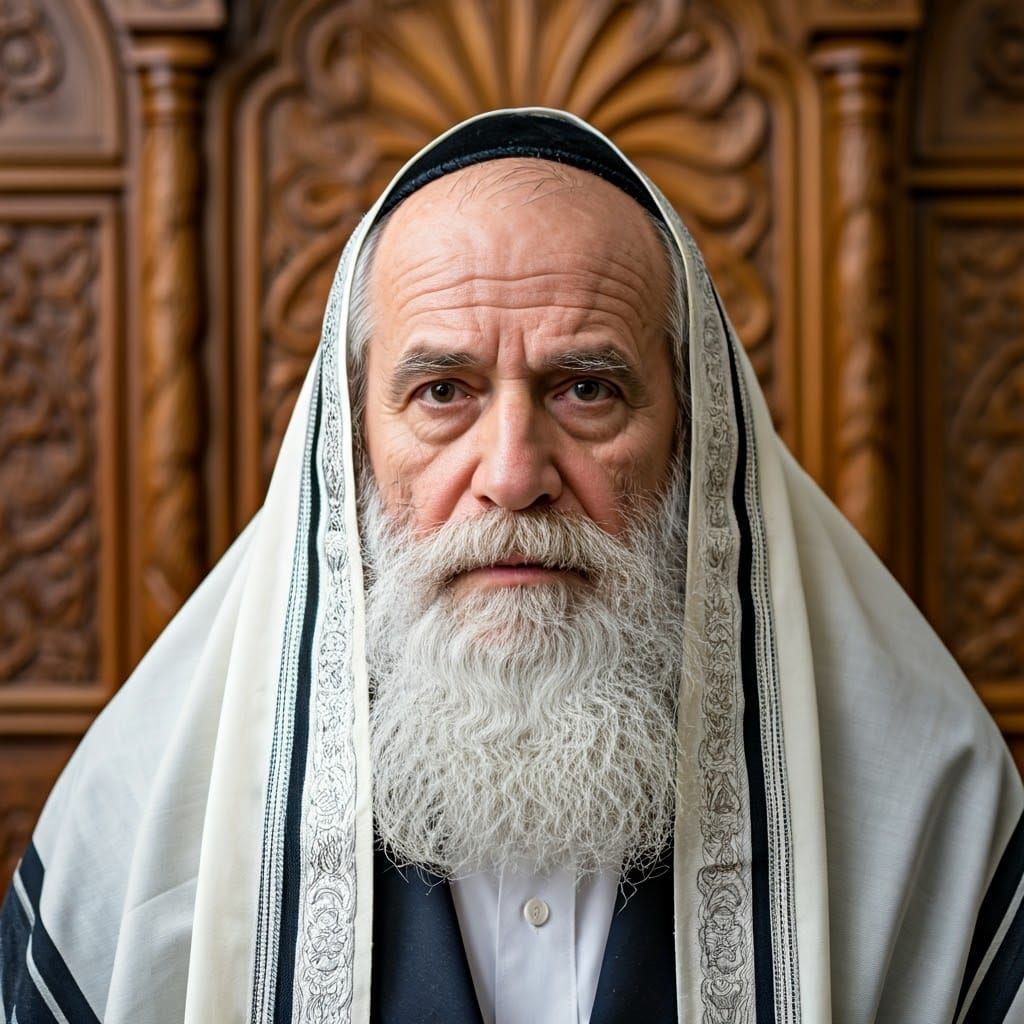 Elderly Jewish Man in Traditional Tallit, Synagogue Backgrou...