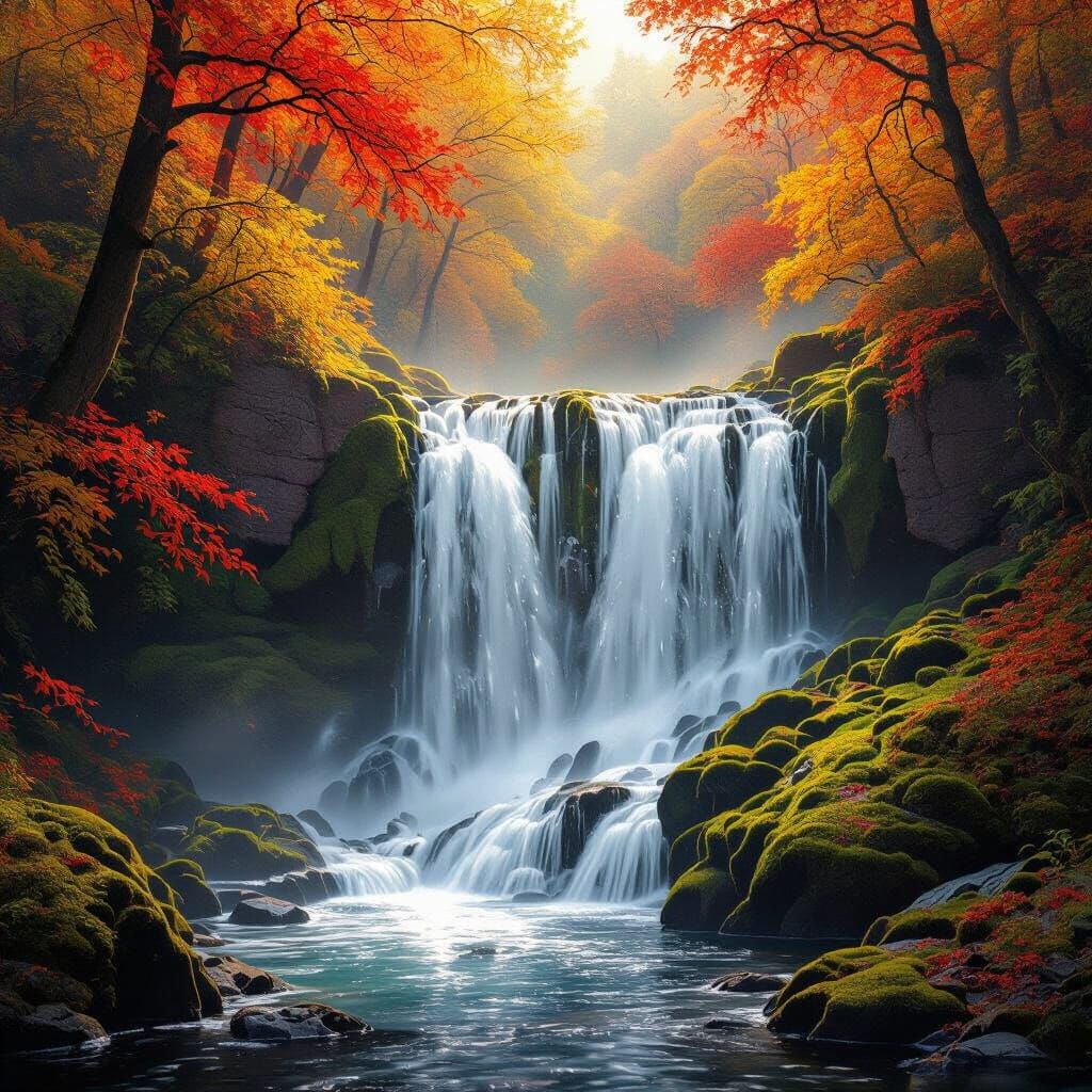 Majestic Waterfall in Vibrant Autumn Forest