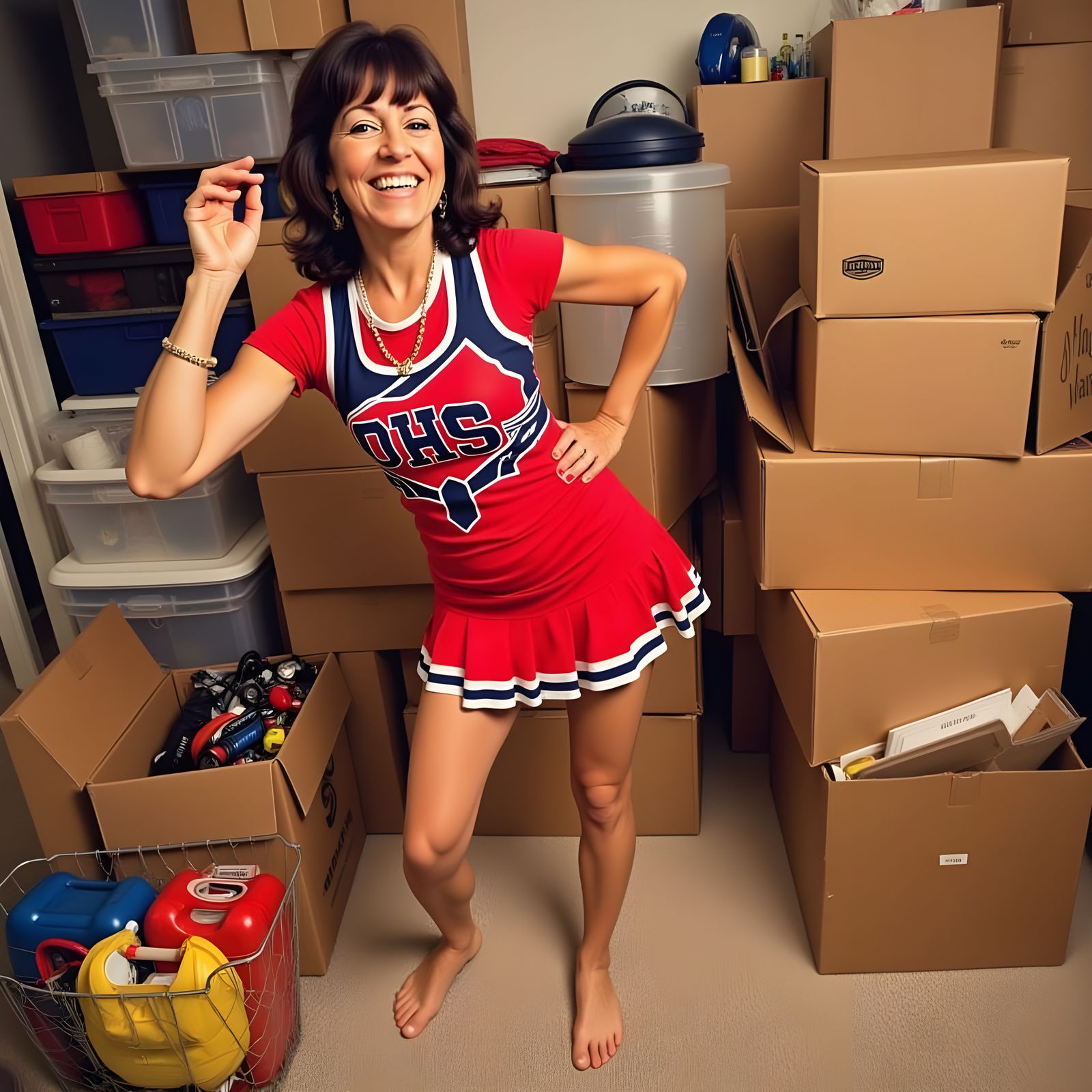 Enthusiastic Woman in Cheerleading Uniform Among Moving Boxe...