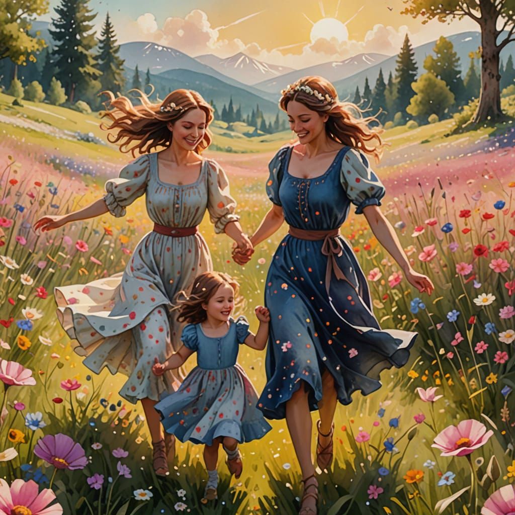 Family Dancing in Meadow, Whimsical Watercolor Painting