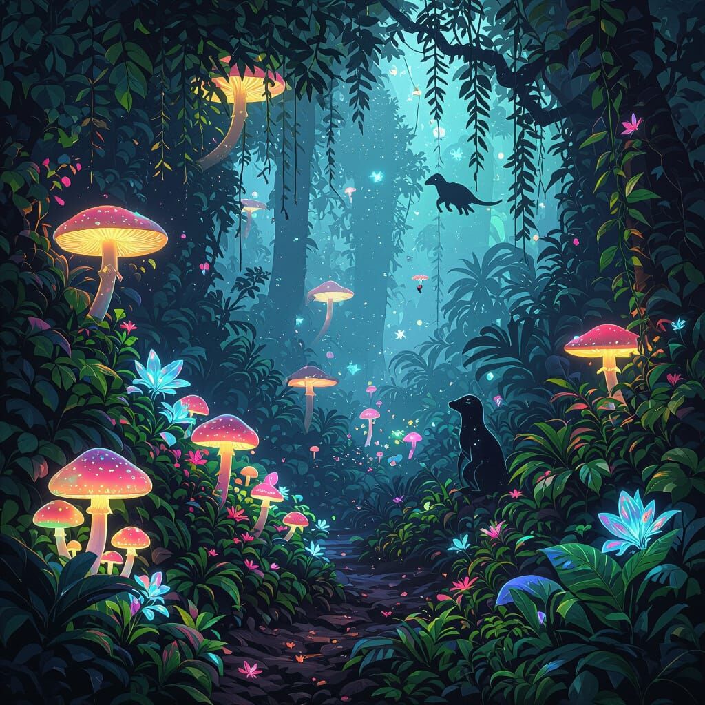 Dreamlike Bioluminescent Jungle with Glowing Flora
