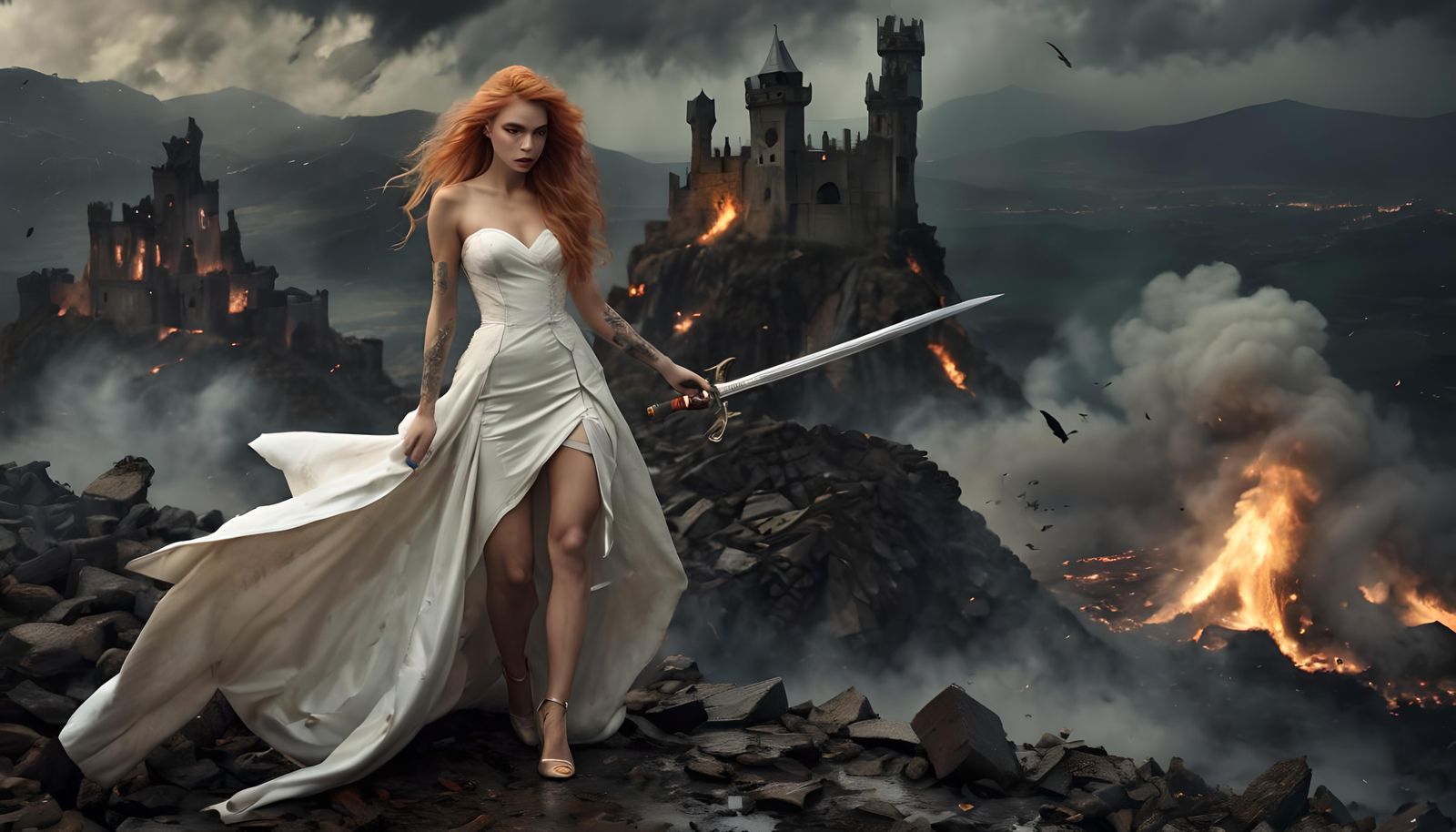 Tattooed Bride Climbs to Burning Castle: Cinematic 3D Art