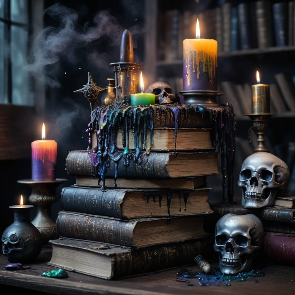 Elegant Iridescent Paint Cascade on Ancient Books and Artifa...