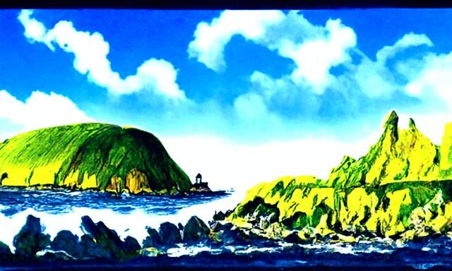 Cartoon Rockall Vista in Studio Ghibli Style