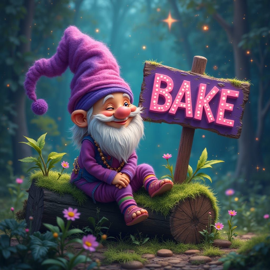 Smiling Gnome with Psychedelic Sign, Cosmic Illustration