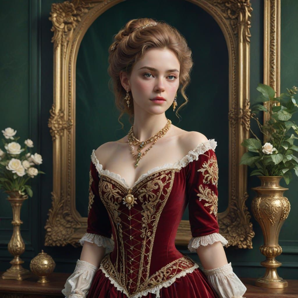 Elegant Victorian Lady in Lavish Red Velvet Corset Dress