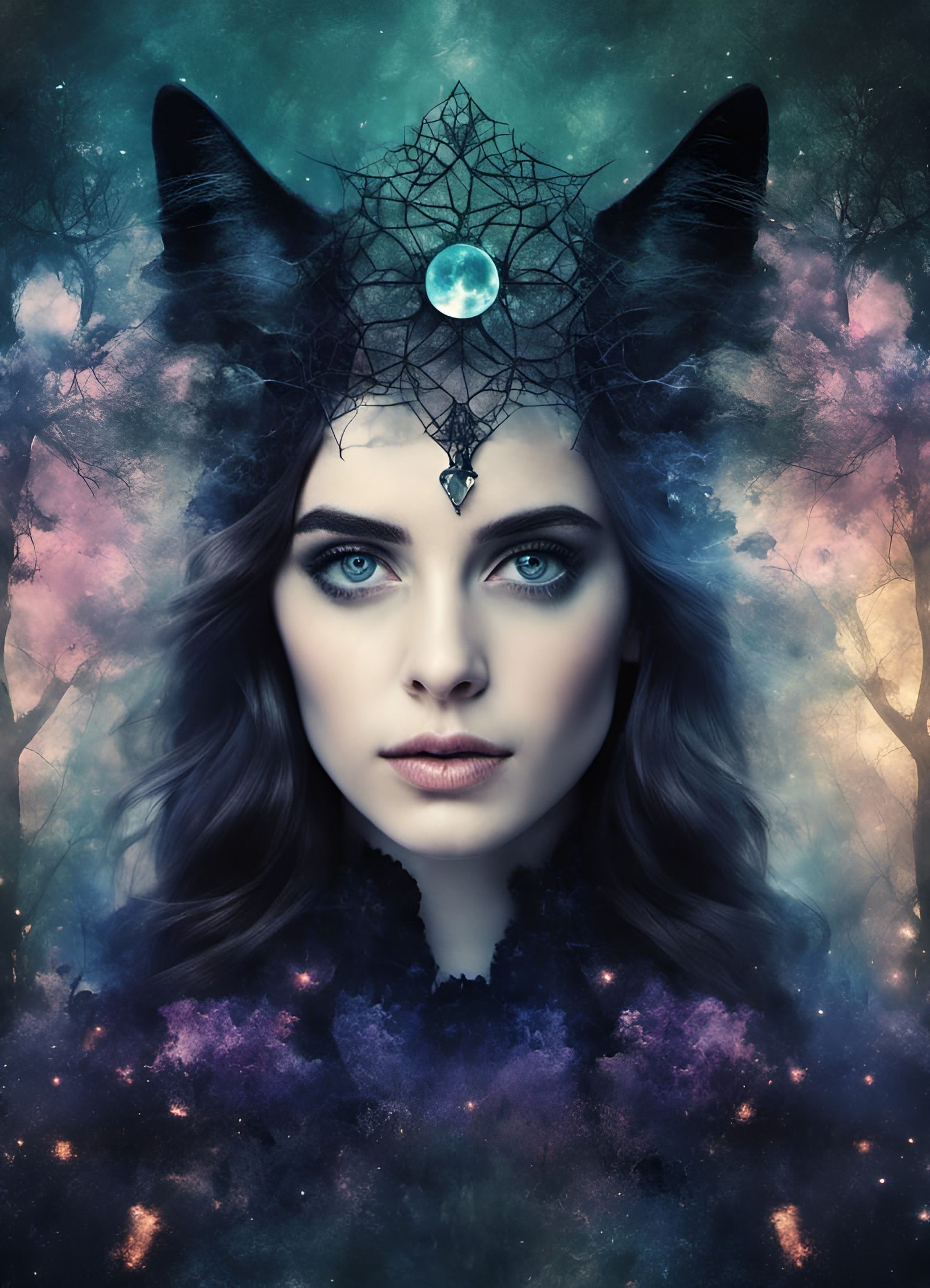 Gothic Witch Double Exposure Portrait in Opalescent Style