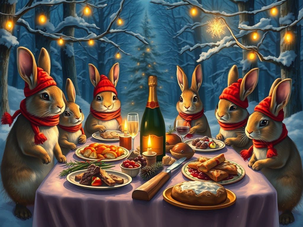 Rabbits Gather for Whimsical Christmas Feast in Snowy Wonder...