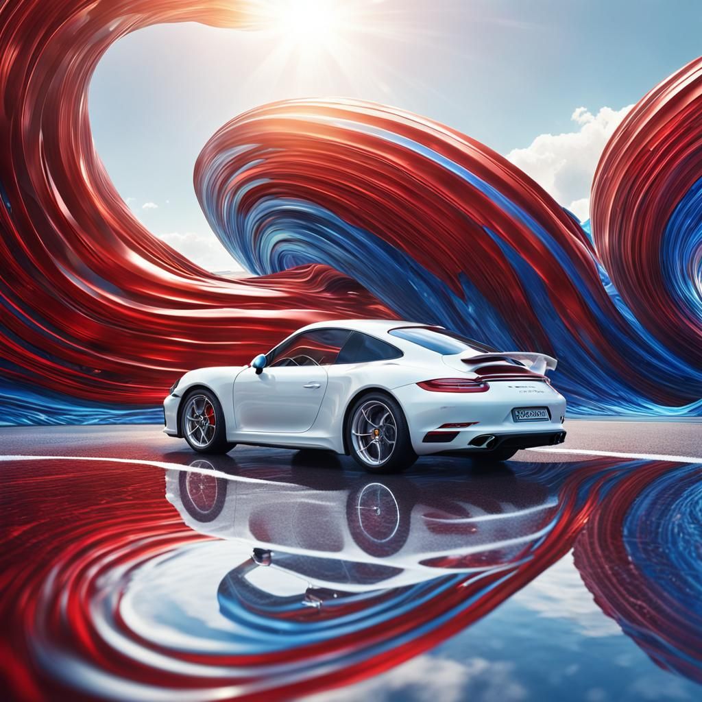 Porsche Surrounded by Abstract Waves in Fantasy Style
