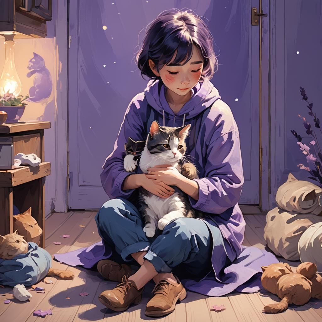 Person Hugging Cat: Magical Realism Illustration