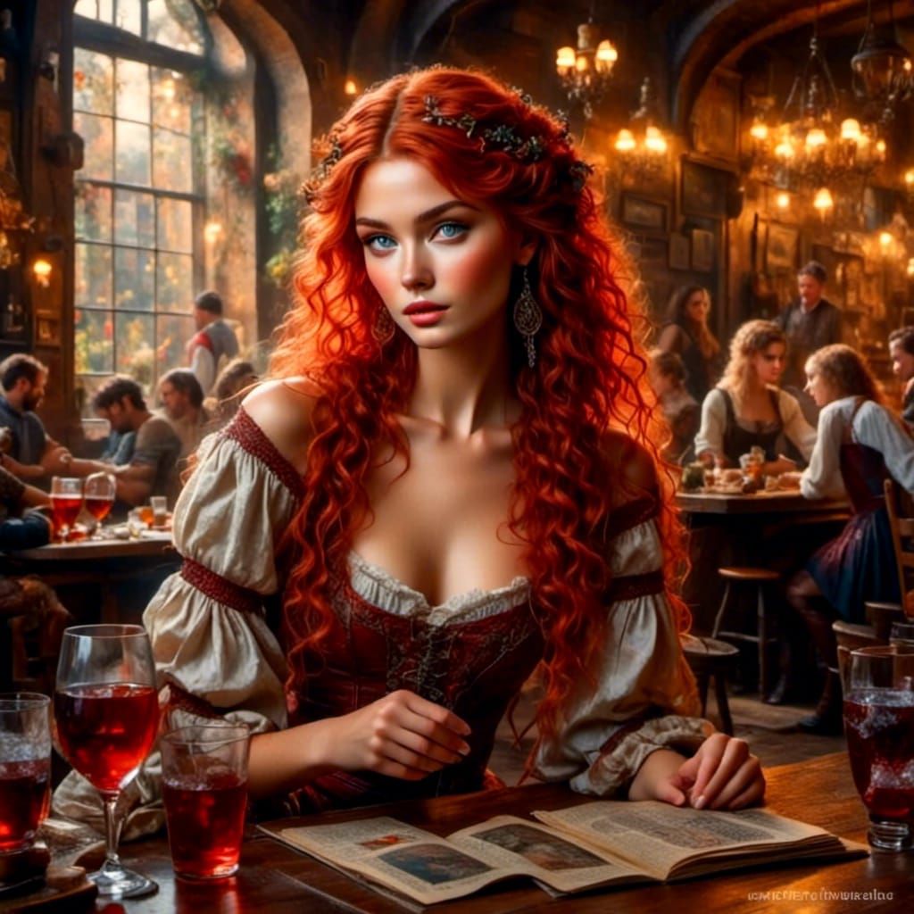 Barmaid in a Bustling Pub, Cottage-Core Style