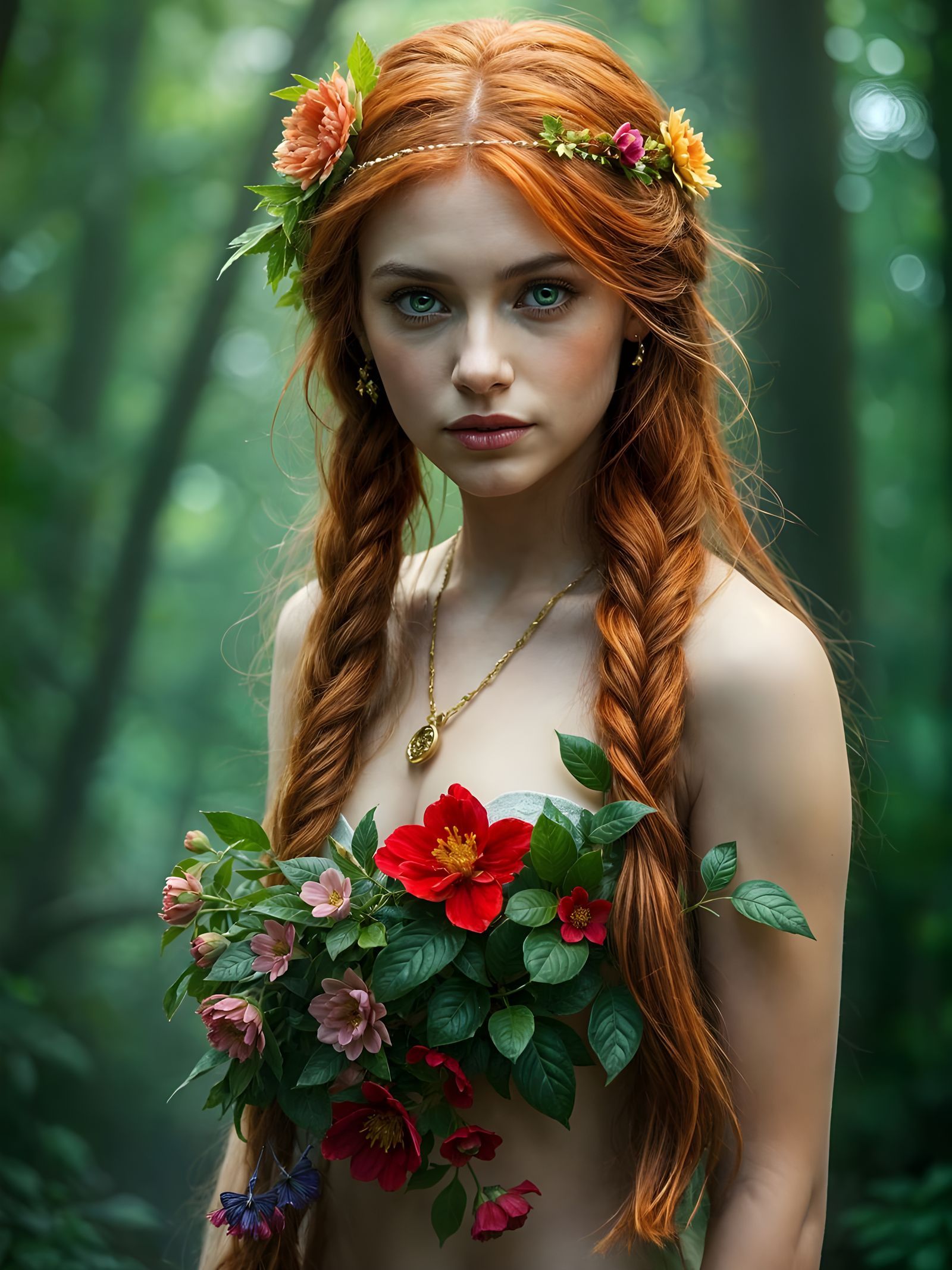 Enchanted Forest Goddess with Vibrant Flowers and Greenery