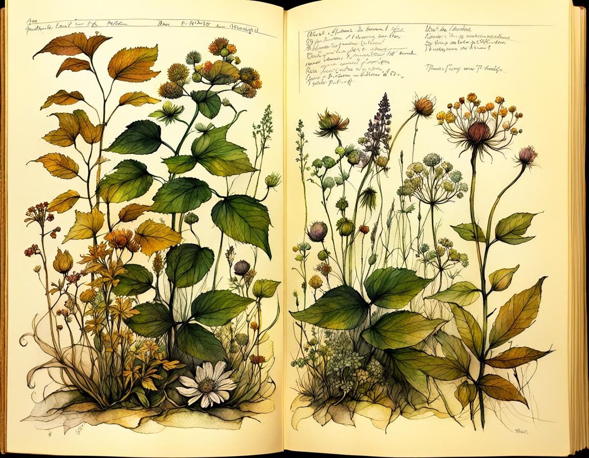 Botanical Journal Page with Detailed Plant Drawings