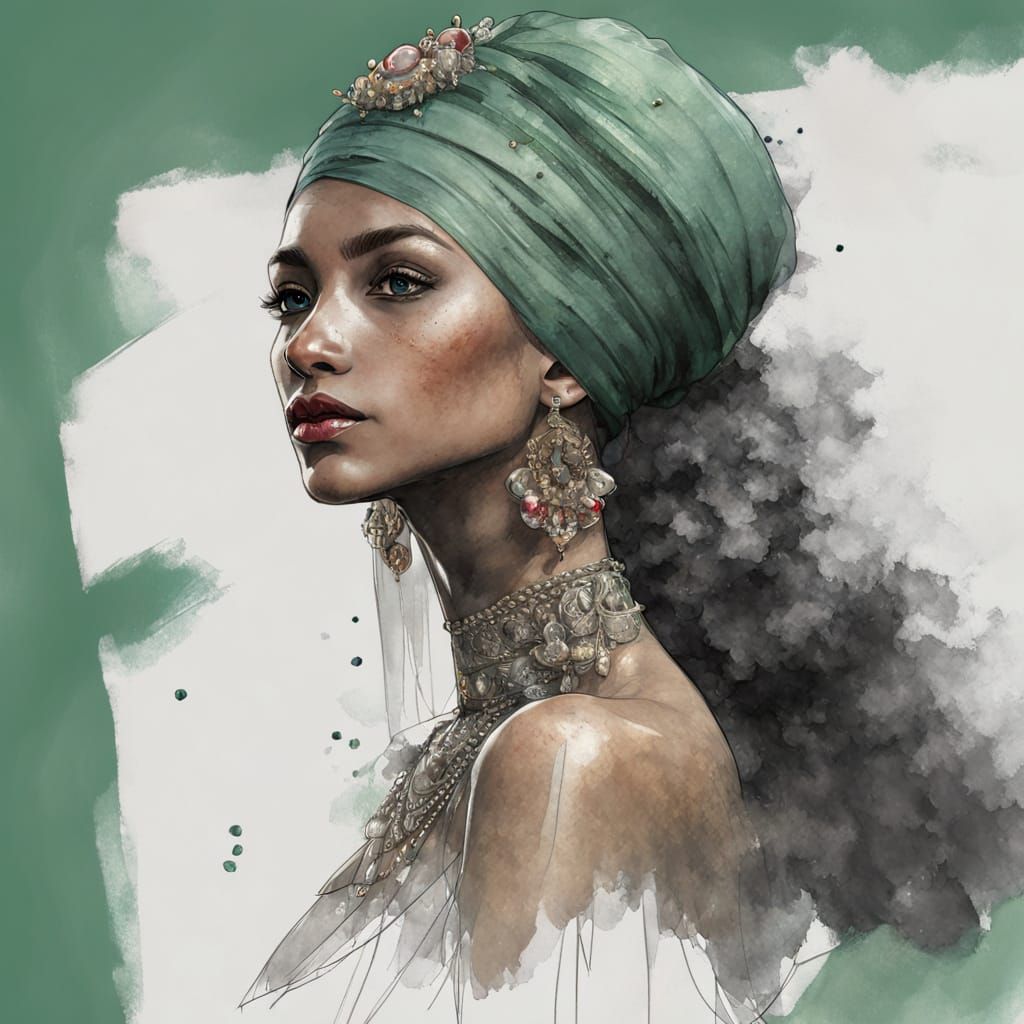 Regal Egyptian Lady in Turban and Jewels, in Intricate Ink S...