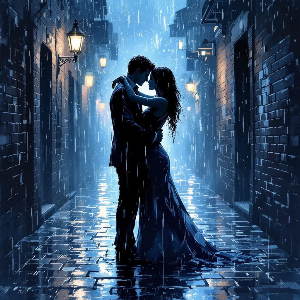 Couple Embracing in Indigo Alley, Ink Wash Style