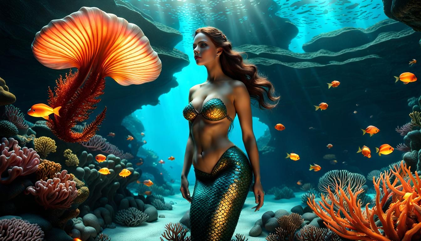 Mermaid in Coral Cave with Fire Jellyfish