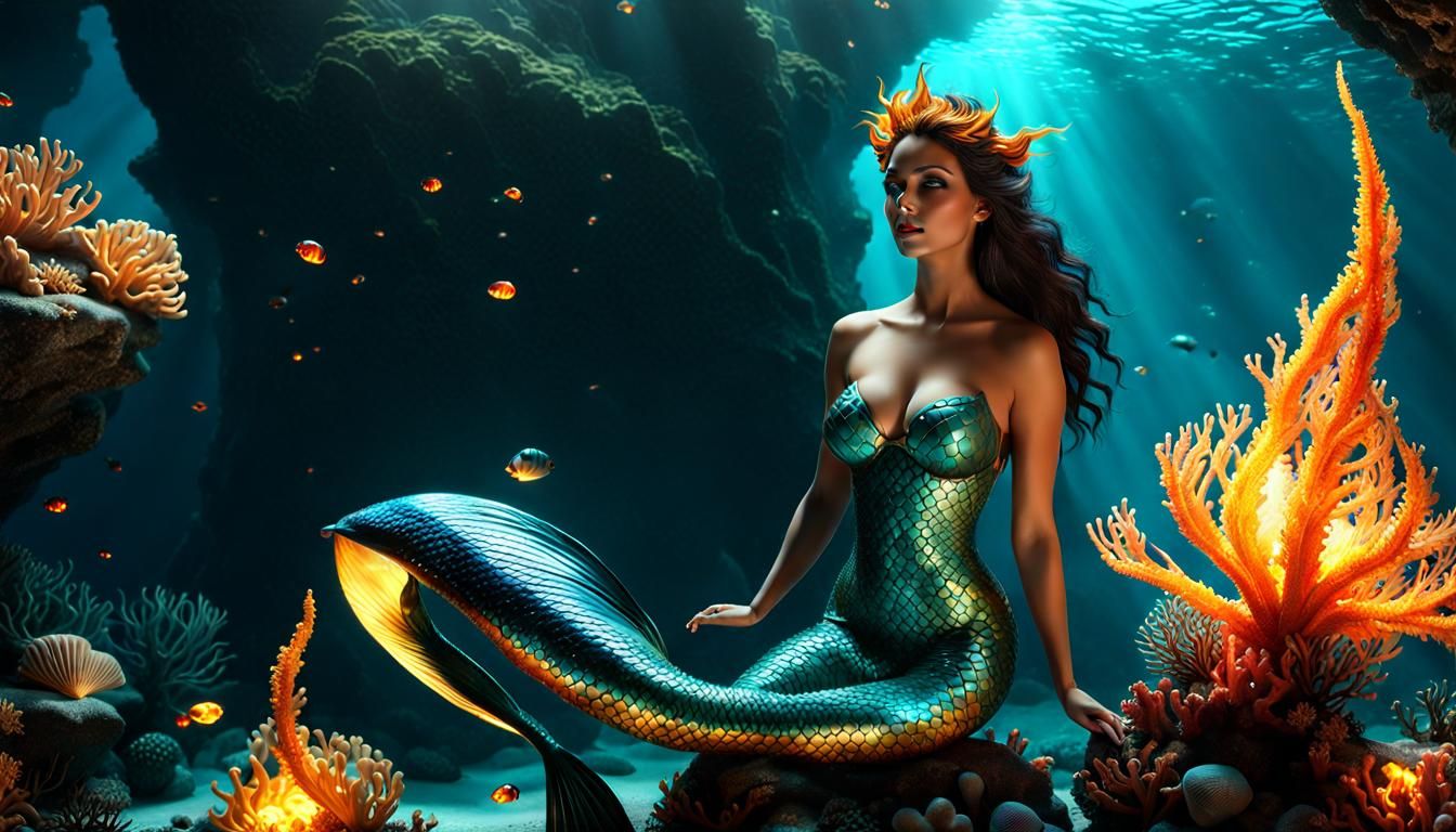 Mermaid in Coral Cave with Fire Jellyfish