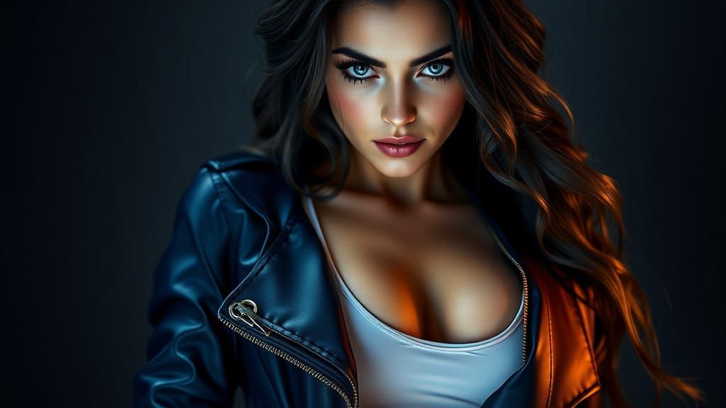 Sultry Dark Fantasy Maiden in High-Contrast Cyberpunk Attire