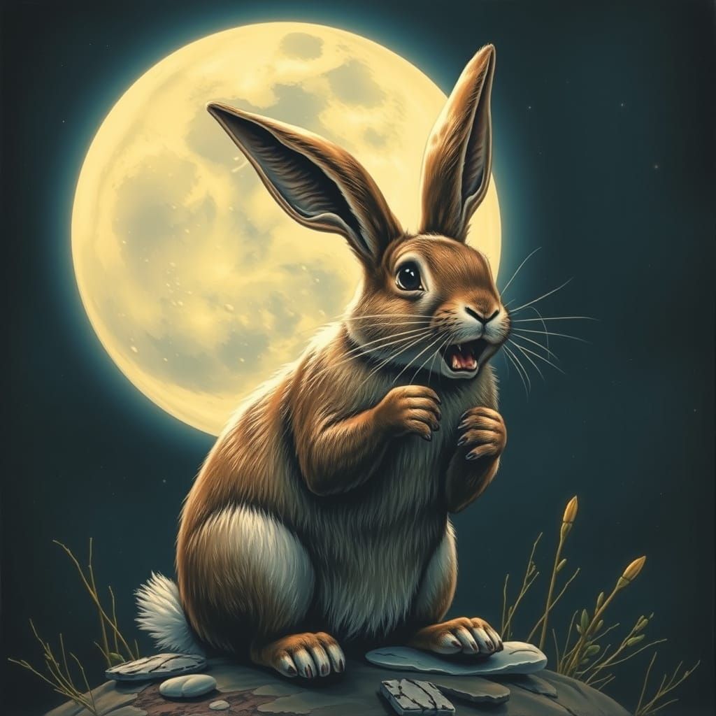 Rabbit Crying in Moonlight: Evocative Print Art