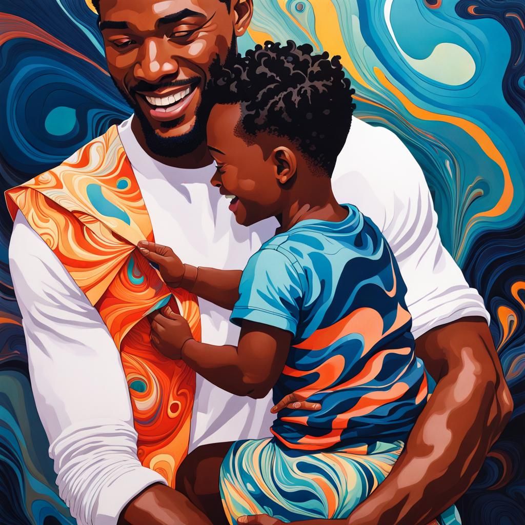 Young Father and Child Portrait in Marbling Style