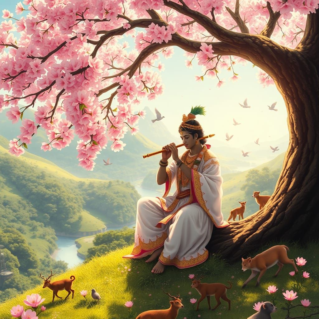 Krishna's Serenade Under Cherry Blossoms: Anime-Inspired Sce...