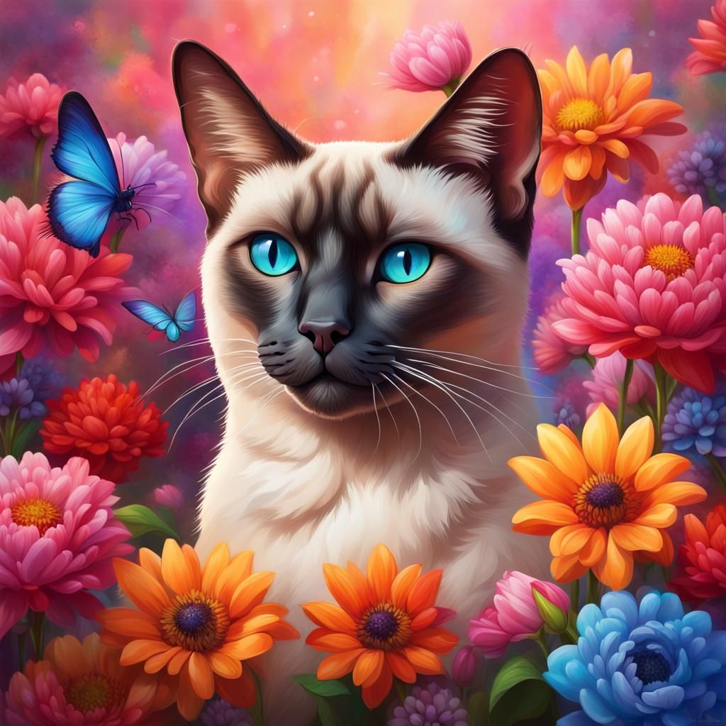 Realistic Siamese Cat in Colorful Floral Scene