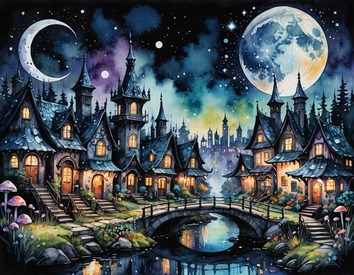 Magical Nighttime Cityscape with Crescent Moon in Watercolor
