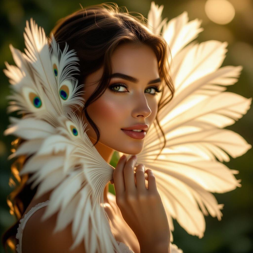 Elegant Woman Profile with Peacock Feathers in Golden Hour L...