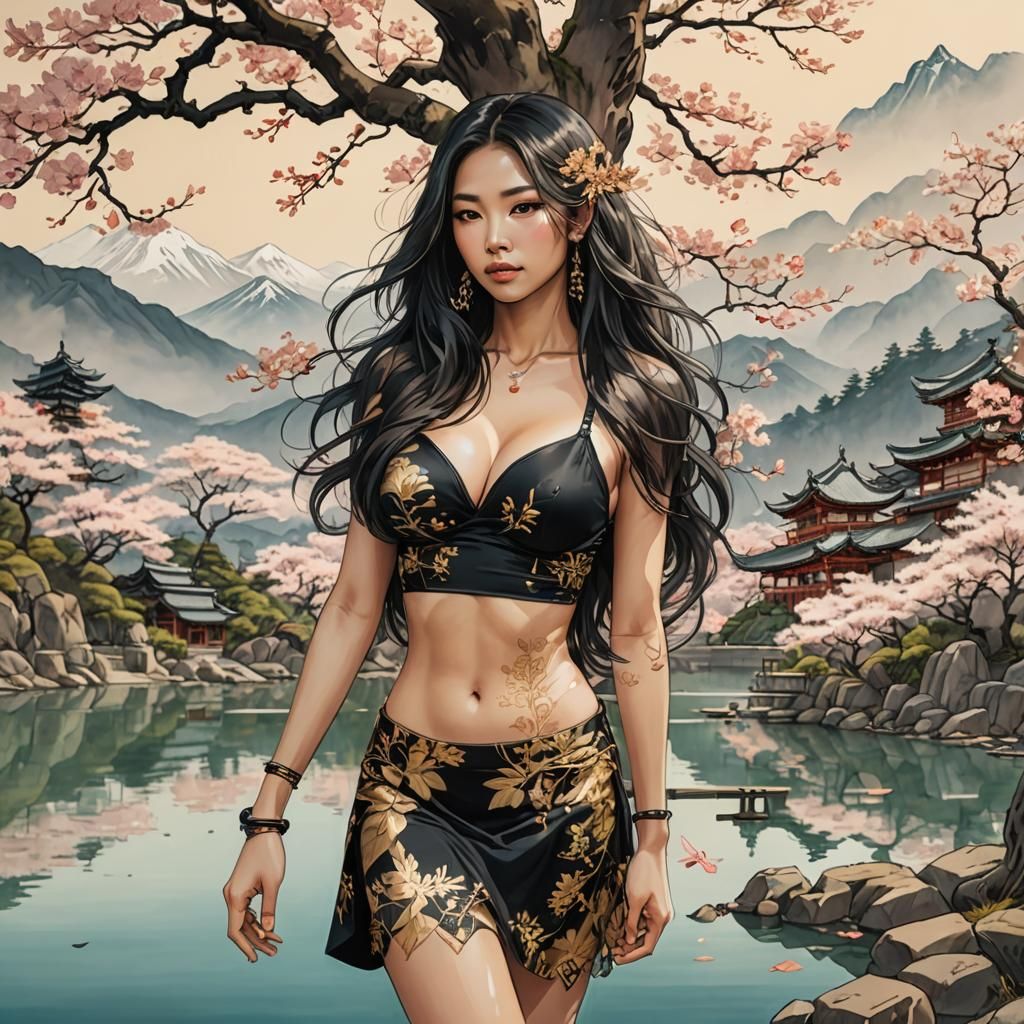 Exotic Woman by Lake: Double Exposure Ink Drawing