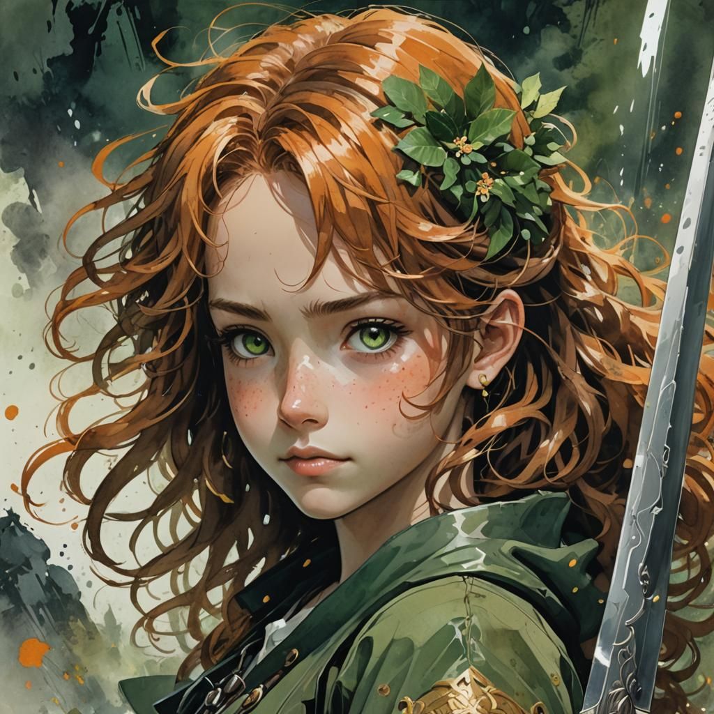 Smiling Woman with Orange Hair in Watercolor Style