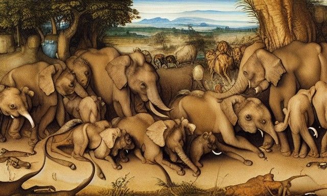 Hyenas Feasting on Elephant, Hyperdetailed Rendering