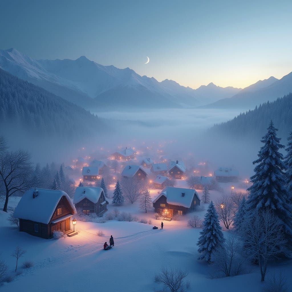 Magical Winter Alpine Village Seen Through Ethereal Fog