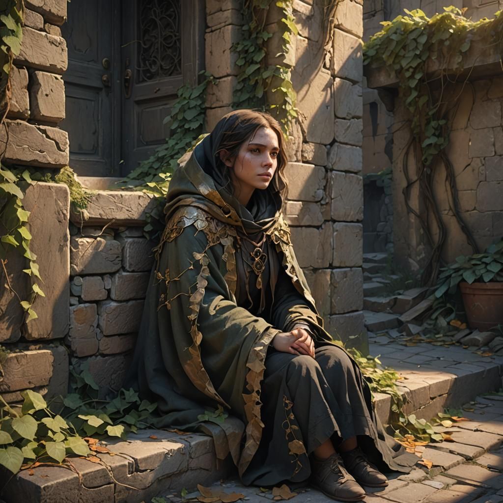 Hauntingly Beautiful Woman in Fantasy City Ruins