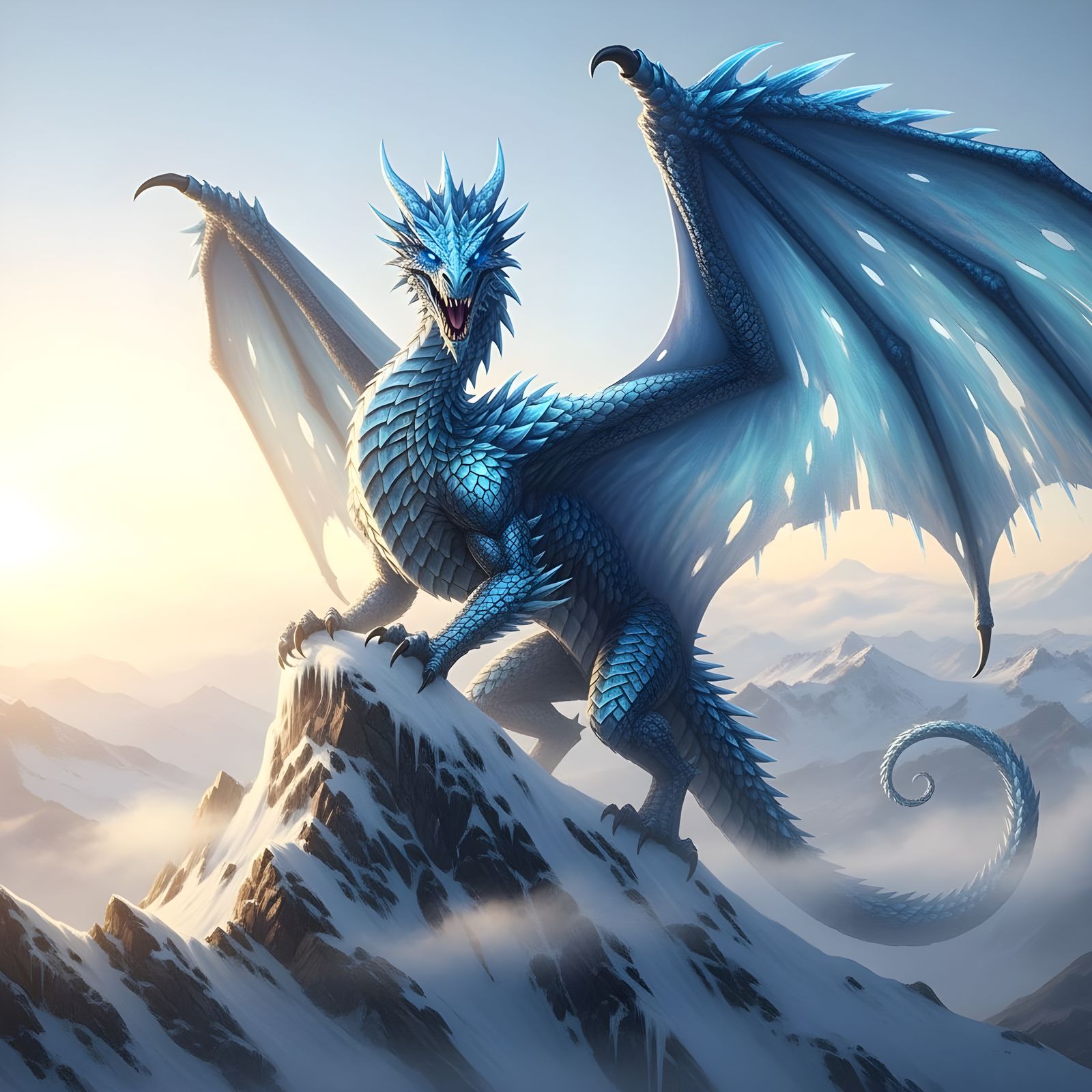 Majestic Ice Dragon on Snow Mountain at Dawn