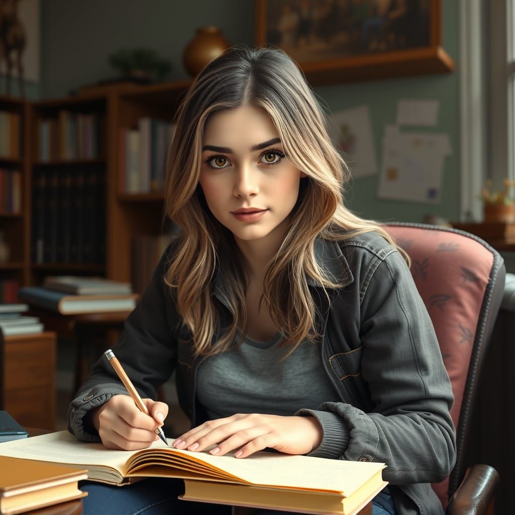 Hyperrealistic Woman Taking Notes in Cozy Study