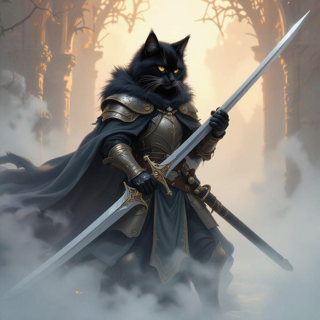 Catfolk Knight with Sword in Ethereal Mist