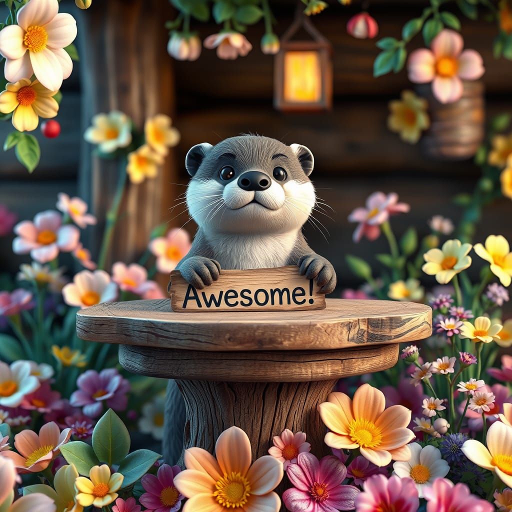 Fluffy Otter Holds "Awesome!" Sign in Whimsical Fantasy Scen...