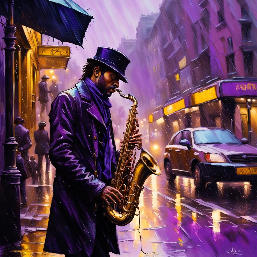 Neovictorian Saxophone Player in Rainy Street Scene