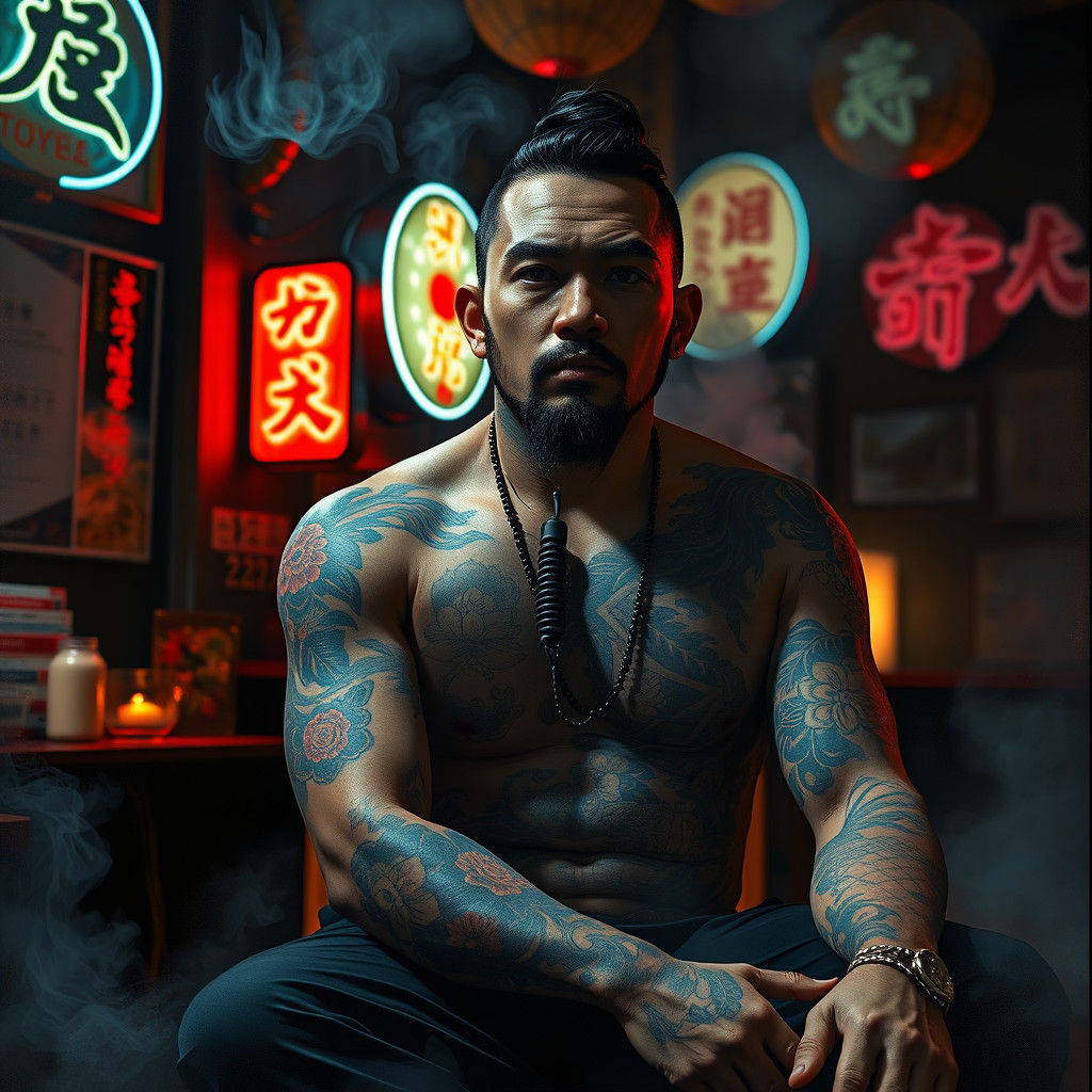 Tattooed Yakuza in Dimly Lit Neon Room