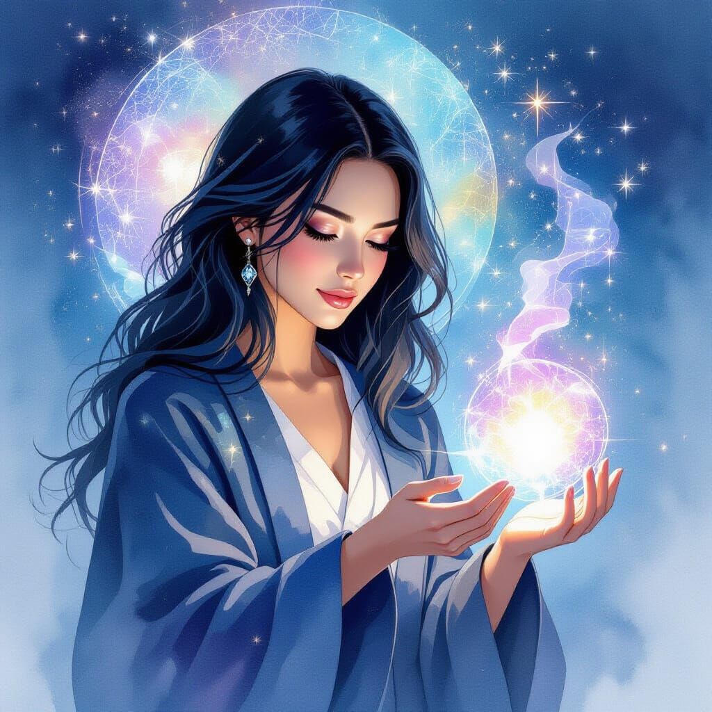 Navy Haired Woman Weaving Dreams in Alcohol Ink Style