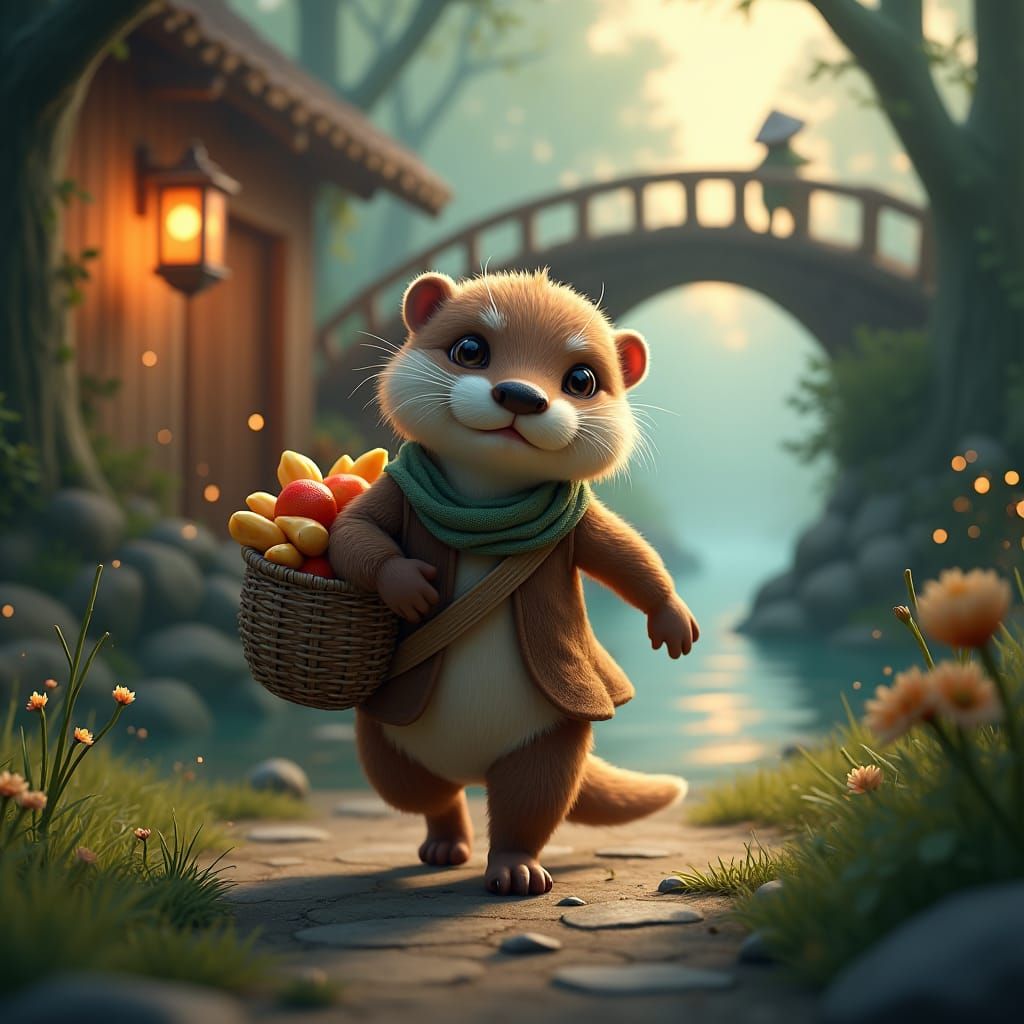 Baby Otter Runs Away in Fantasy Landscape