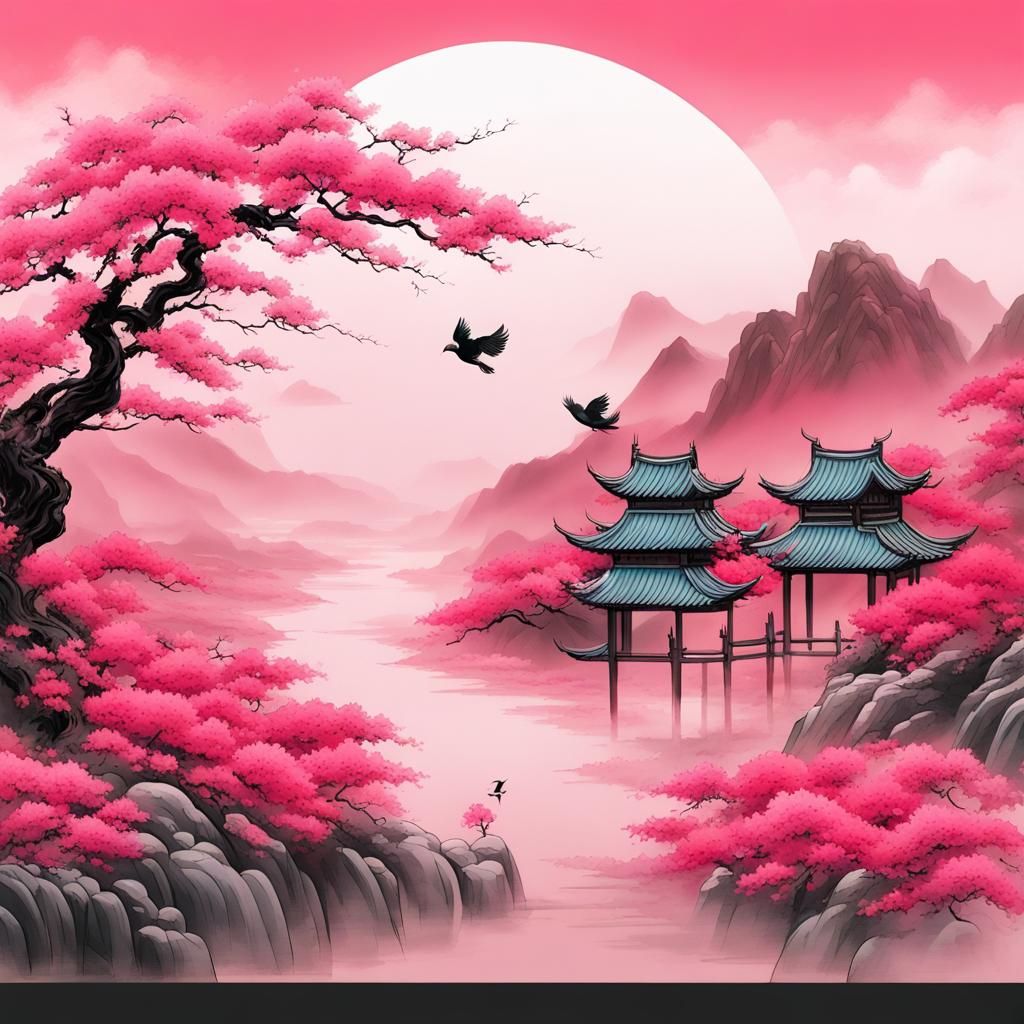 Chinese Landscape with Azaleas in Ink Style