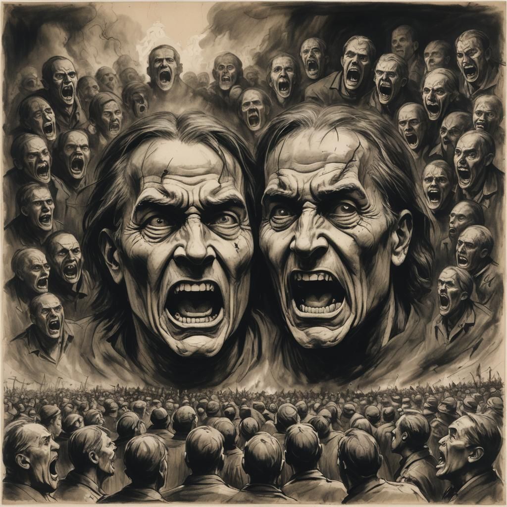 Dramatic Charcoal Sketch: Giant Faces Above War-Torn Earth